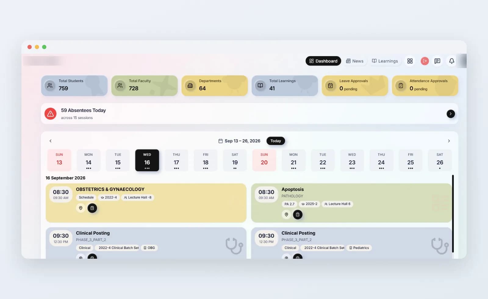 The institution dashboard: today's absentees, pending approvals and the two-week schedule.
