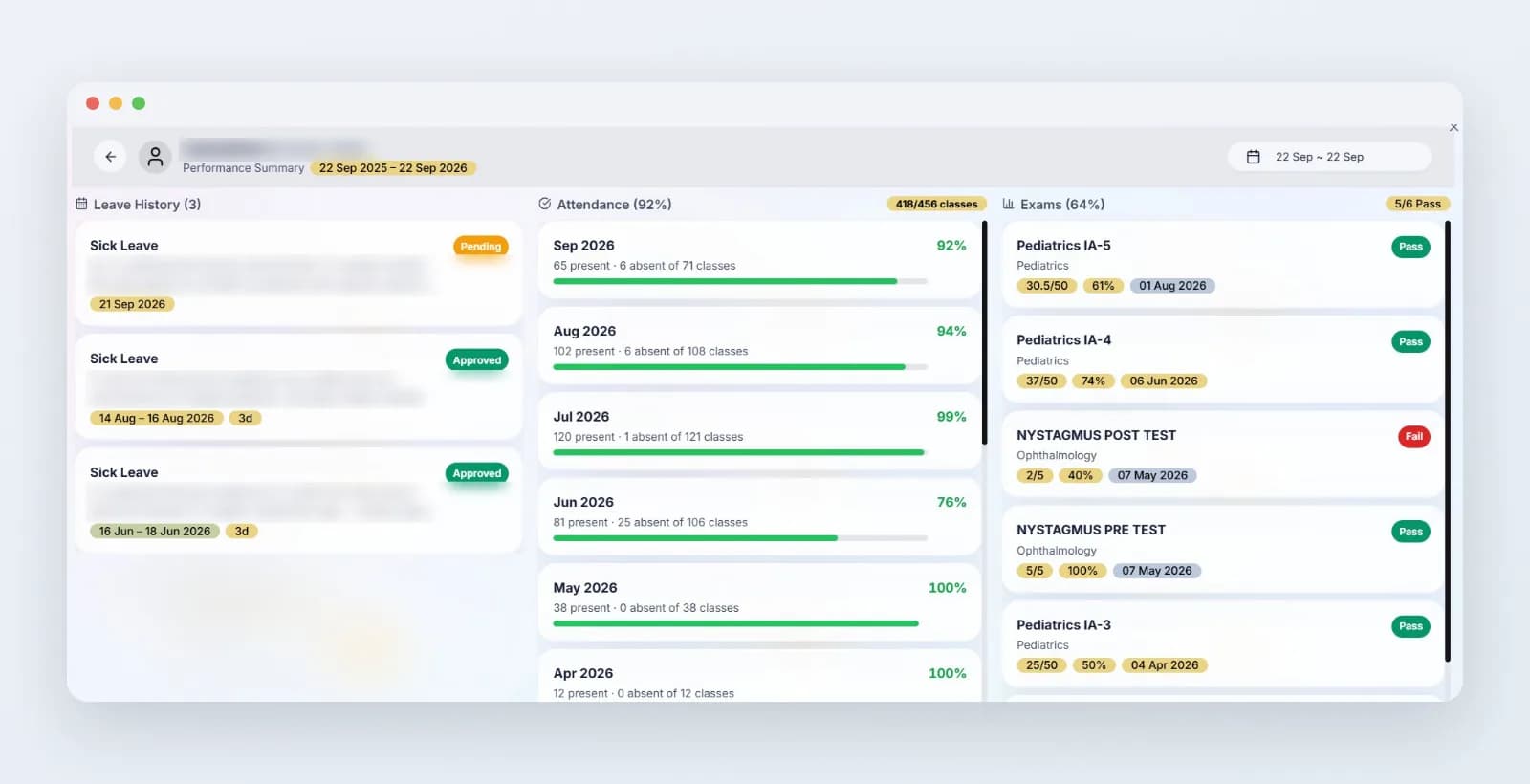 Student 360, with month-wise attendance, assessments and leave history
